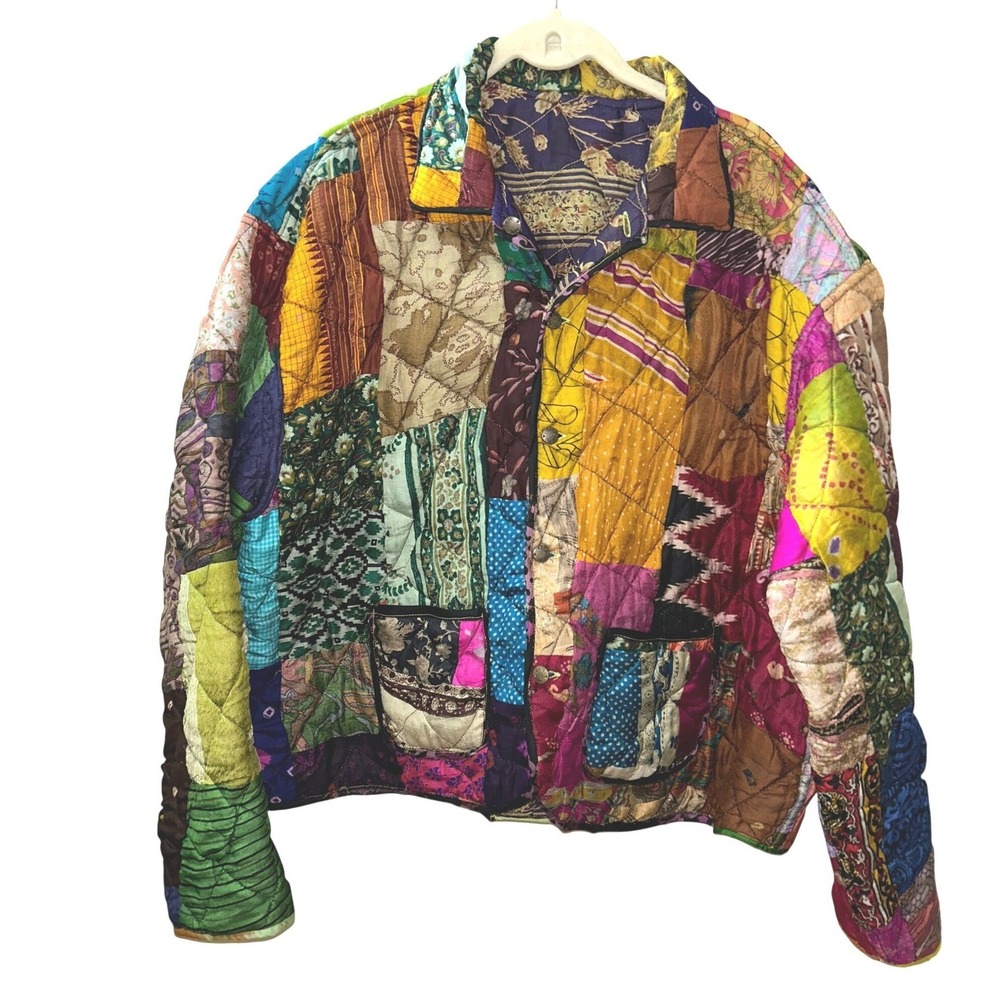 ArtEZen Boho Quilted Patchwork Reversible Jacket Multi 100% Silk Hippie Coat - Picture 2 of 14